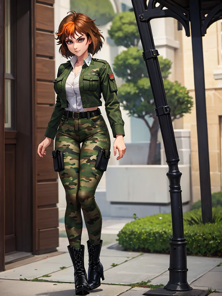 merula, full body, thighs, boots high heels, solo girl, medium tits, military camouflage pants