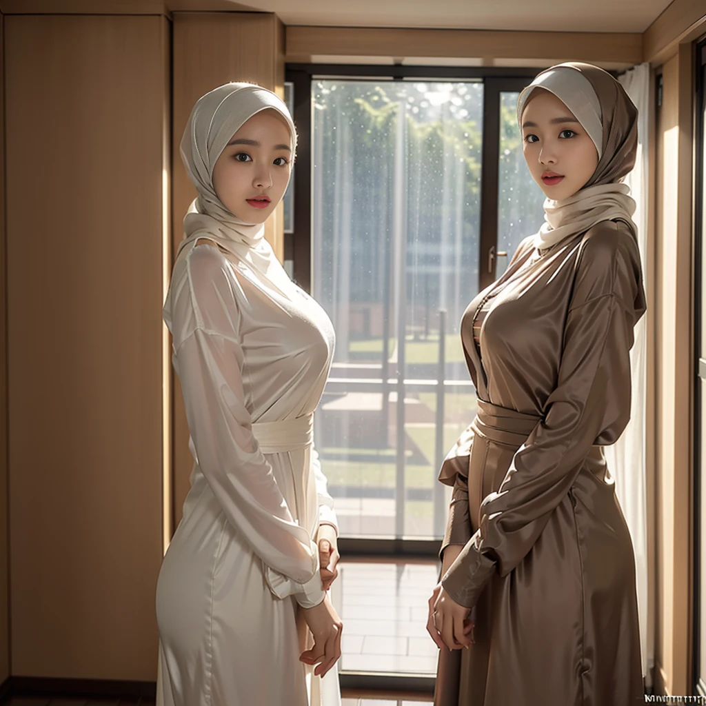 ((Realistic lighting, best qualtiy, 8K, tmasterpiece:1.3)), sharp fokus:1.2,Korean woman standing in front of floor-to-ceiling window in the rain，full dress, wearing a hijab ,large breasts , jisoo