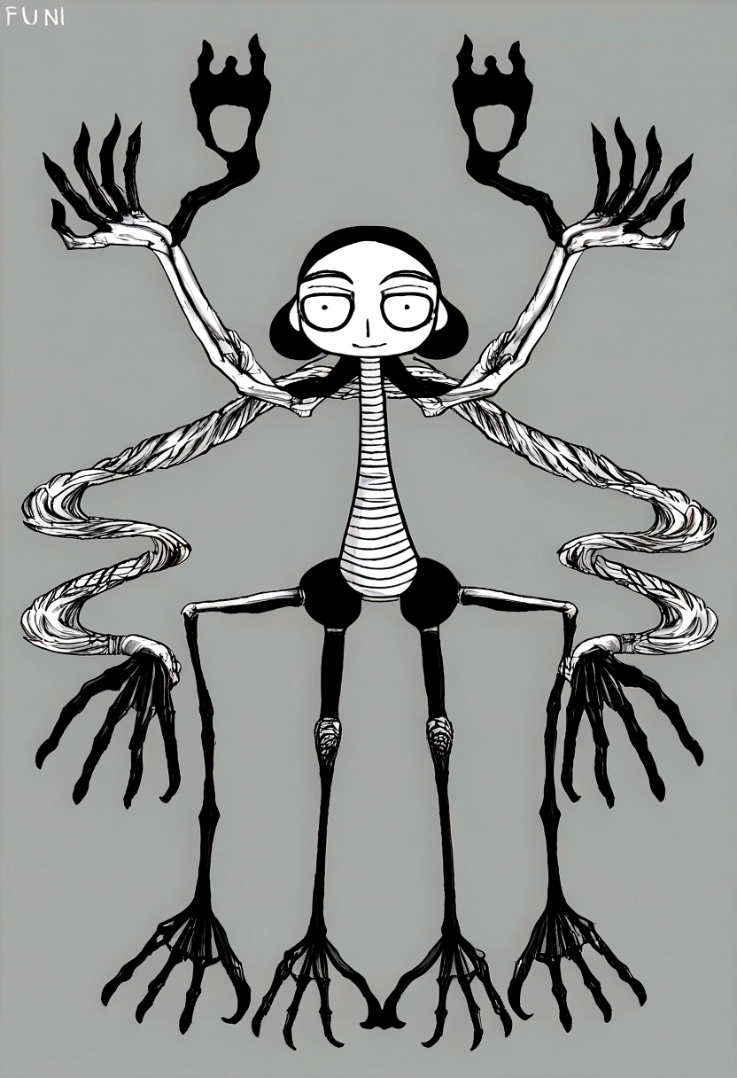 Male character with a square head and skinny body floating in the air like a puppet with strings attached, pen drawing. 