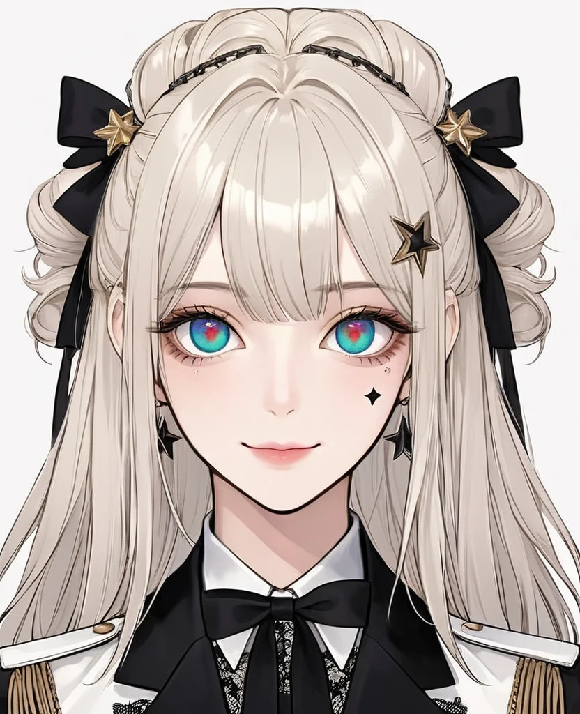 (Digital Illustration,Detailed anime style girl portrait,Solitary,symmetry),(Big colorful eyes,Fashionable and exquisite facial features,Exquisite makeup,Sweet smile,Star symbol mark on cheek,Soulful gaze,),(Straight long hair,Beautiful bow hairstyle,Hairpin),(White high collar lace shirt,Black suit,Epaulettes-Chain,cool,),Clean and simple white background,(((Correct human anatomy)))