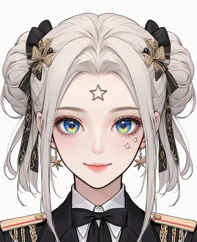 (Digital Illustration,Detailed anime style girl portrait,Solitary,symmetry),(Big colorful eyes,Fashionable and exquisite facial features,Exquisite makeup,Sweet smile,Star symbol mark on cheek,Soulful gaze,),(Straight long hair,Beautiful bow hairstyle,Hairpin),(White high collar lace shirt,Black suit,Epaulettes-Chain,cool,),Clean and simple white background,(((Correct human anatomy)))