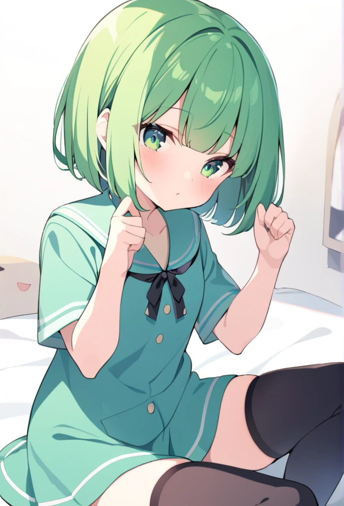 1 girl, cute, young, green hair, bob haircut, green eyes, sailor uniform, thigh high, sex,