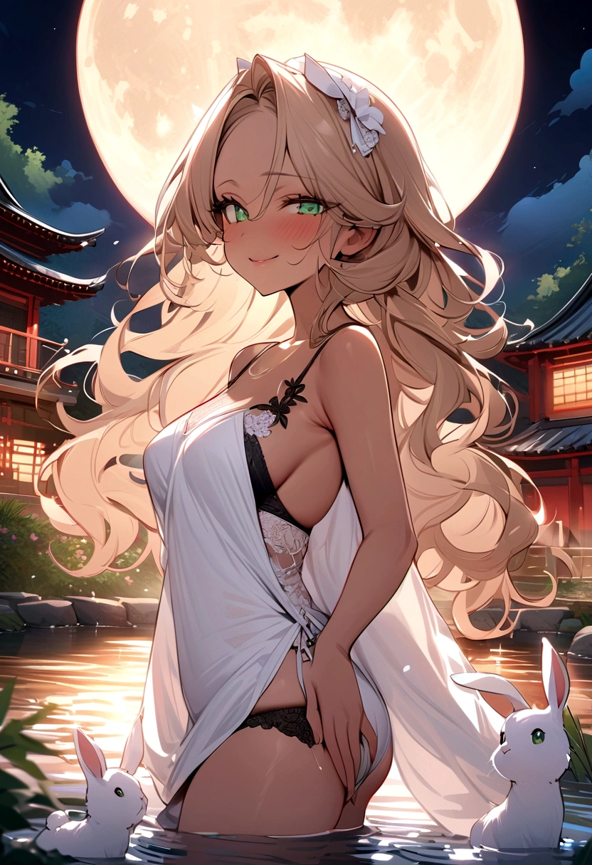 ((masterpiece)), ((best quality)), (ultra-detailed), ((extremely detailed)), 4K, (8K), best quality, (beautiful), A pretty woman with a dark skin, solo, (dark skin:0.8) ,beautiful light brown hair, light brown skin, beautiful green eyes, ((beautiful eyes)), triumphant look, smug look, self-satisfied look ,Masterpiece、White dress、Highest quality、brown Bunny ears、Tanned woman with big 、light brown hair color, forehead Long curlyWavy Hair、White shirt、Black Bra、Black panties、Hot spring inn、a bright moon shines over beautiful scenery of garden and river in night time, moon, architecture, tree, east asian architecture, full moon, scenery, night, cloud, sky、Lots of rabbits