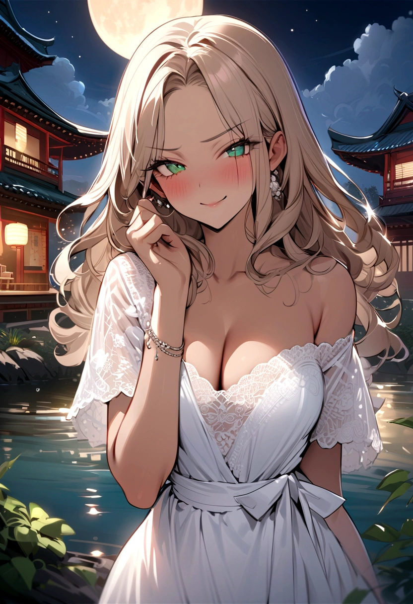 ((masterpiece)), ((best quality)), (ultra-detailed), ((extremely detailed)), 4K, (8K), best quality, (beautiful), A pretty woman with a dark skin, solo, (dark skin:0.8) ,beautiful light brown hair, light brown skin, beautiful green eyes, ((beautiful eyes)), triumphant look, smug look, self-satisfied look ,Masterpiece、White dress、Highest quality、brown Bunny ears、Tanned woman with big 、light brown hair color, forehead Long curlyWavy Hair、White shirt、Black Bra、Black panties、Hot spring inn、a bright moon shines over beautiful scenery of garden and river in night time, moon, architecture, tree, east asian architecture, full moon, scenery, night, cloud, sky、Lots of rabbits