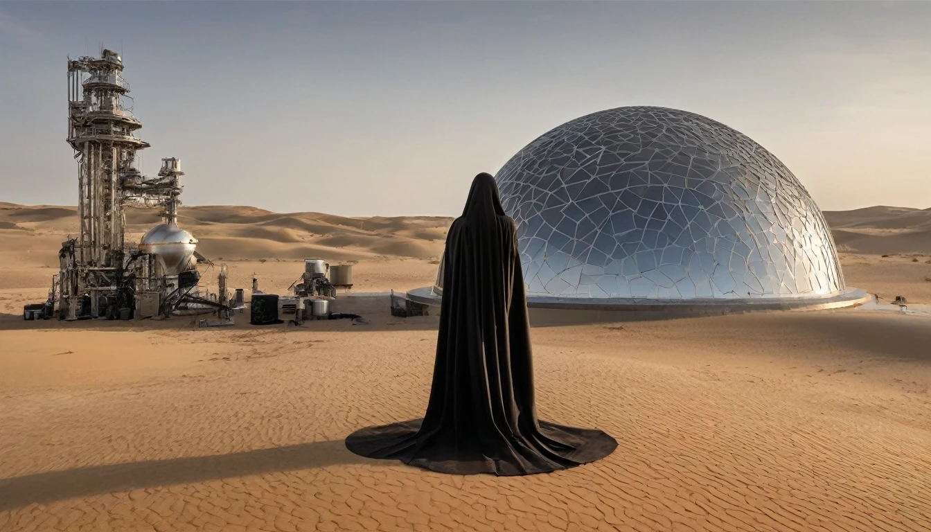 In a vast desert landscape beneath a clear sky, a futuristic dome-shaped structure stands. The surface of the dome is metallic, adorned with grooves and solar panels. Attached to the dome is a cylindrical tower, featuring external staircases and small windows. In the foreground, a mysterious figure cloaked in dark fabric stands near the edge of a shallow pit. The hood conceals their face, adding an air of intrigue. Scattered around the scene are various pieces of machinery and technology, showing signs of wear and corrosion. Some of these devices have blinking lights or exposed wires