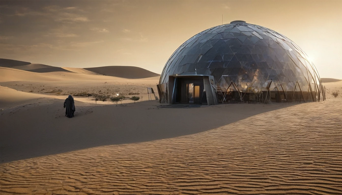 In a vast desert landscape beneath a clear sky, a futuristic dome-shaped structure stands. The surface of the dome is metallic, adorned with grooves and solar panels. Attached to the dome is a cylindrical tower, featuring external staircases and small windows. In the foreground, a mysterious figure cloaked in dark fabric stands near the edge of a shallow pit. The hood conceals their face, adding an air of intrigue. Scattered around the scene are various pieces of machinery and technology, showing signs of wear and corrosion. Some of these devices have blinking lights or exposed wires