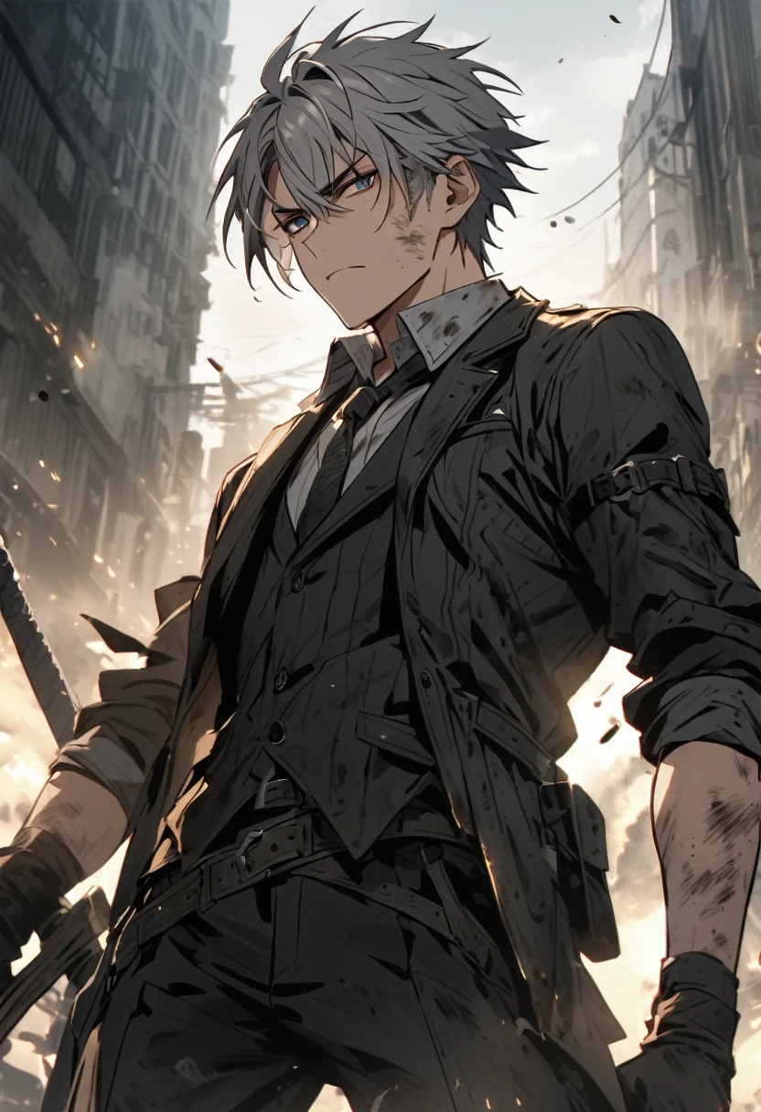 Grey haired man 28 years old Wield a sword Black suit dirty