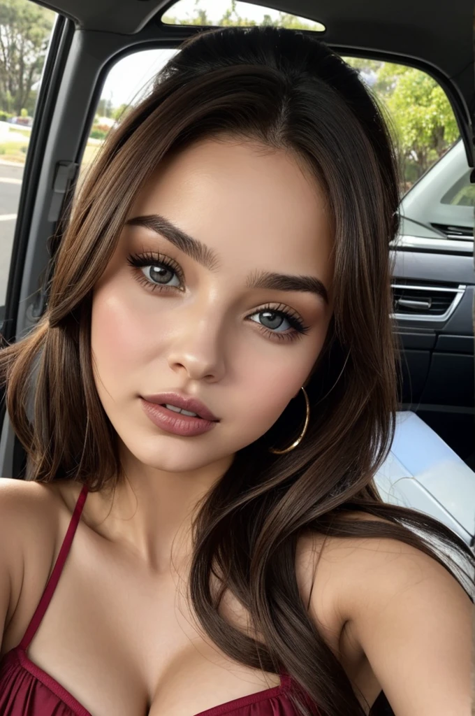 hay una mujer con corbata sentada en un auto, labios gruesos, Retrato de Sophie Mudd, she parece una mezcla de mugre, soft devil queen cerveza madison, 18 years, con labios muy finos, bella poarch, 19 year old girl, cerveza madison, parece una mezcla de mugre, labios muy separado