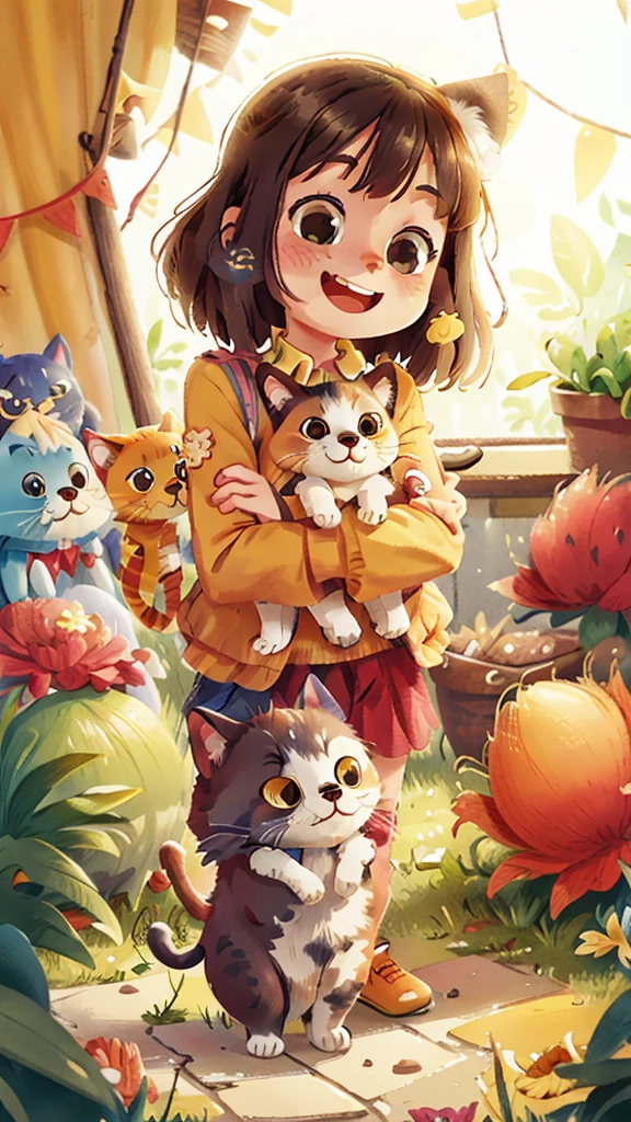 Cheerful holding a cat in her hands