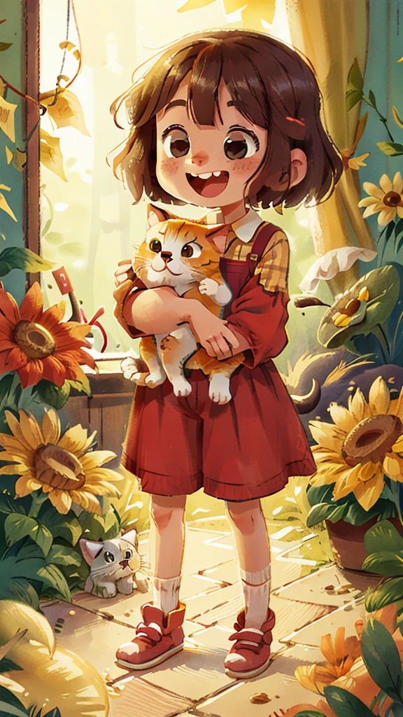 Cheerful holding a cat in her hands