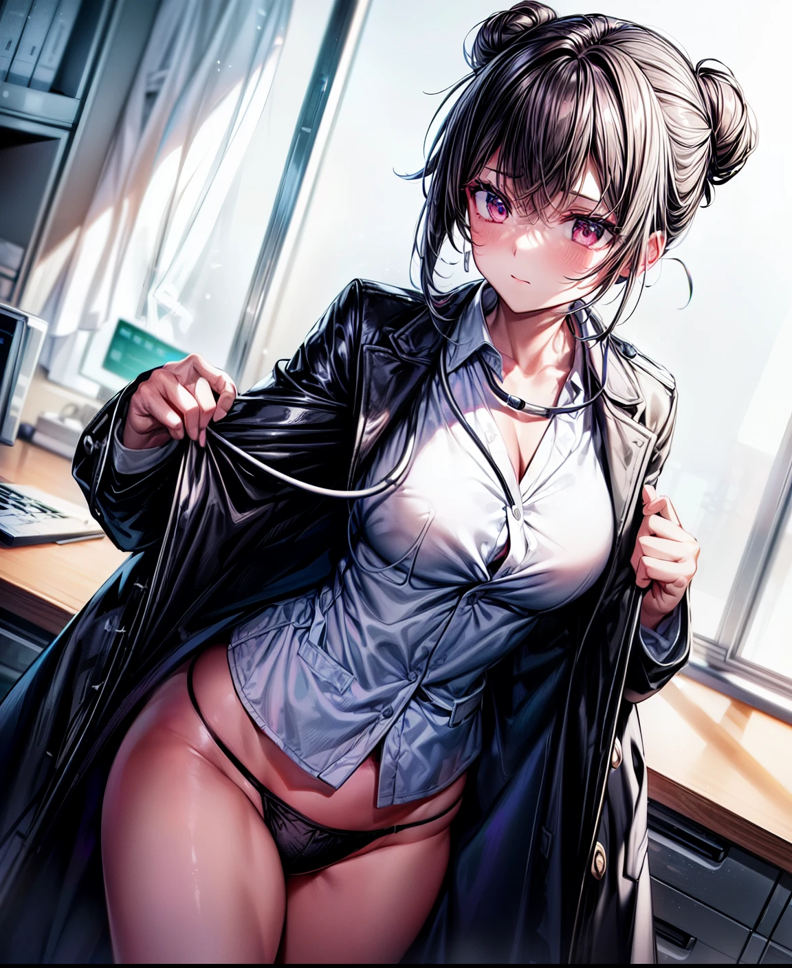 8K,high-level image quality、reality、solo ,(Female doctor)、doctor uniform ,hospitals、(white lab coat), (hospital examination room) indoors, work desk, 、Chest Reveal、black hair ,hair bun ,sexy , (wearing black underwear under the coat:1.2) , underwear , cowboy shot , Stethoscope