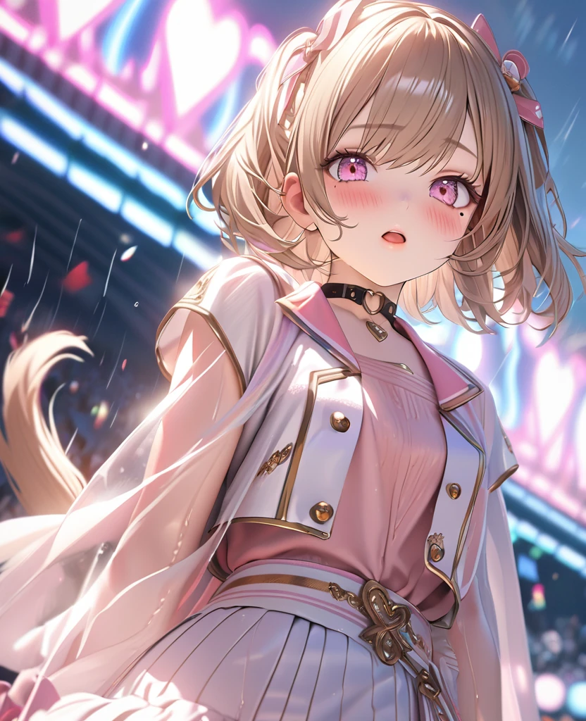 masterpiece, best quality, ultra detailed, high resolution, expensive resolution, HDR, 4k, 8K, uniform 8k wallpaper, ultra detailed CG, masterpiece, realistic, 2D, 3D, beautiful details, depth, fine texture, ultra fine: 1.3, perfectly focused, crispy .skin, .he, very cute anime girl, idol, A girl in her twenties,drenched in heavy rain outdoor stage, chest part is visible through, brown short twin-tail hair wearing expensive clothes, one girl, one person, brown short twin-tail hair, idol, mole under eye, looking at the viewer, expensive, blush, mole, open lips, hair accessory, heart-shaped choker, pink eyes, choker