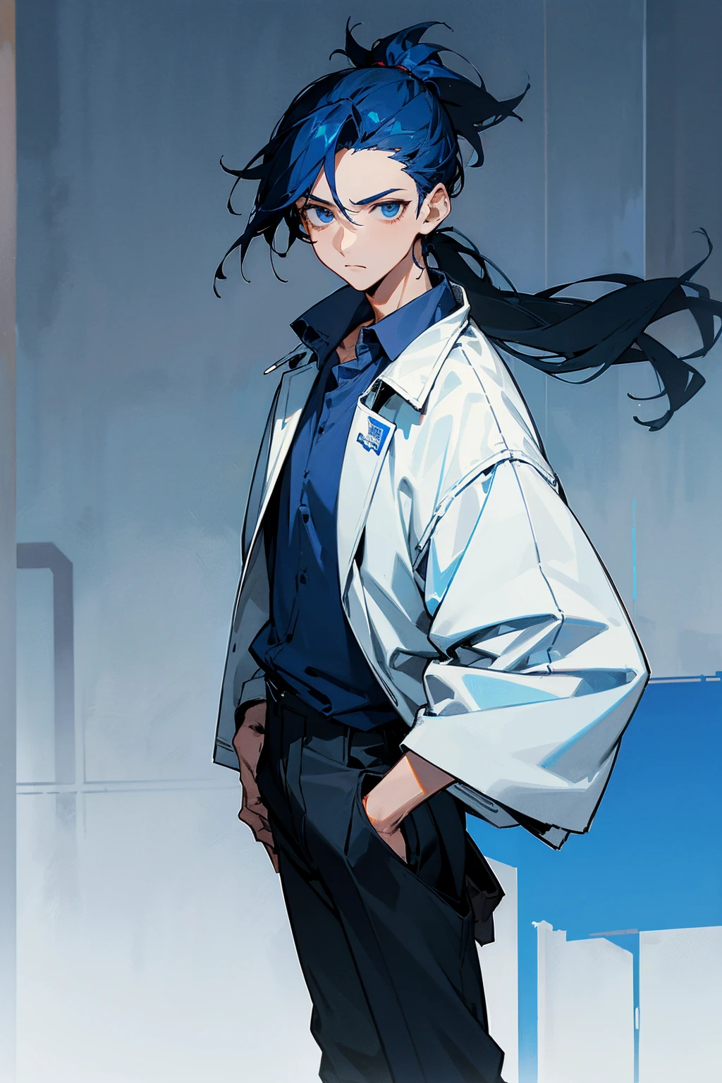 1male, dark blue hair, short ponytail, scruffed hair, deep blue eyes, expressionless, blue baggy shirt, white modern jacket, black pants, city background, detailed background, hands to side, standing on path