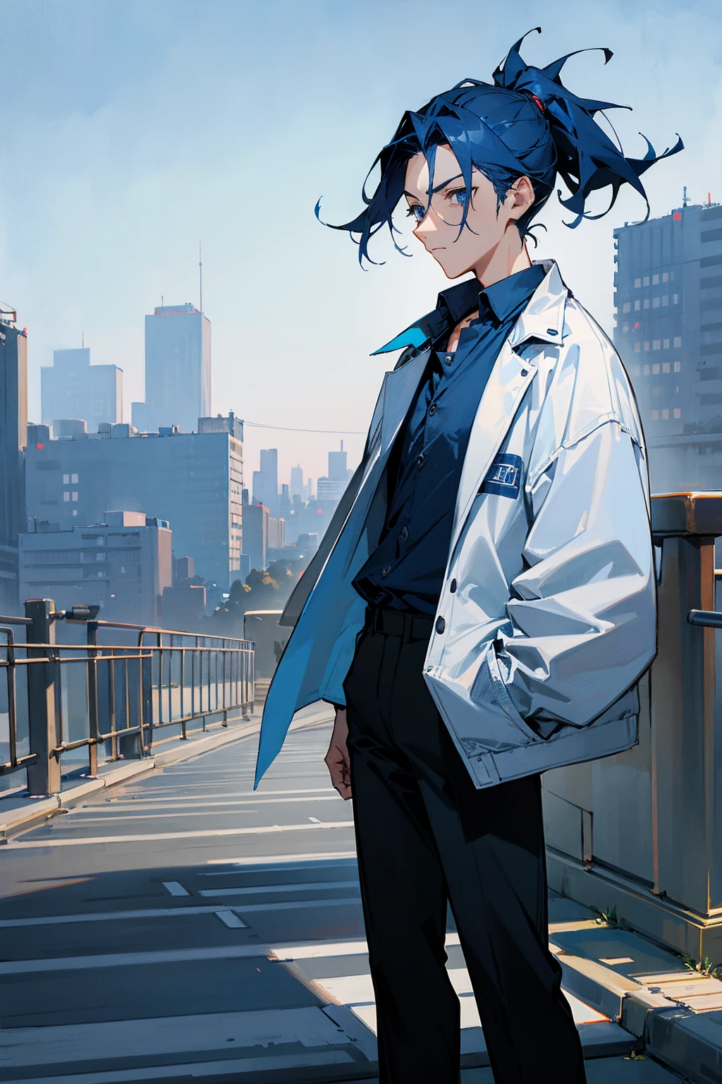 1male, dark blue hair, short ponytail, scruffed hair, deep blue eyes, expressionless, blue baggy shirt, white modern jacket, black pants, city background, detailed background, hands to side, standing on path