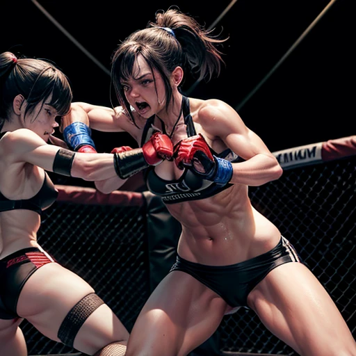 Intense violence. The other person is pulling her hair up and forcing her to stand up. Her face is twisted in pain. Dynamic action. She is suffering. She is cornered in a wire net and severely beaten by her opponent. She is wearing a sports bra and high-leg panties. Her opponent tries to kill her with a powerful punch. Two young and beautiful Japanese mixed martial artists are fighting in the octagon. She is covered in blood. They are open-mouthed, drooling, one eye closed, gasping for breath. They are sweating profusely. Short-cut black hair. Open-fingered gloves. Erect nipples. Small breasts.