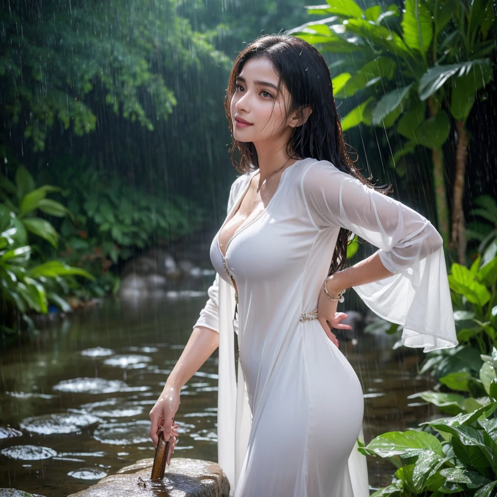 Arabic Woman walking in summer rain, ((in city park)), ((fully clothed)),, ((rain)), long white summer dress, light grey cardigan, ((white dress)), bracelets, jewelry, beads, closeup fantasy with water magic, housewife, overcast, humid, tropical, summery palette, playful, gentle smile, clothes made of water, photorealistic, dripping wet, beautiful realistic photo, hyper realistic fantasy photo, close up, narrow depth of field, 8k, ((drenched)), ((soaked)), (dripping water), dripping oil, heavy clothes, soaked in oil, medium breasts, lawn, wet all over, wet dripping hair, huge breasts, curvy, varied poses, emphasize round ass, producing round ass,