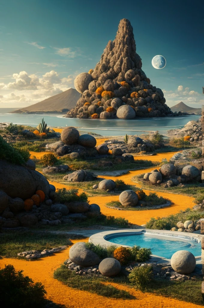An illustration in collage style, with giant boulders, brutalist building sections, terraces, stairs, cacti, agave, concrete texture, multiple geometric shapes, hatch and cross hatching, planet saturn, volcano, moon, Luis Barragán's architectural style build, milky way galaxy, violet, one motorcycle, An illustration in collage style, with giant boulders, brutalist building sections, stairs, cacti, agave, concrete texture, multiple geometric shapes, hatch and cross hatching, planet saturn, volcano, moon, Luis Barragán's architectural style build, reflective pool, terraces. An elegant and modern build, in top of big boulders, with terraces, materials concrete, wood, steel and crystal, various gardens with tropical vegetation, cacti and rocks, stairs, a pool. In middle of sea, a big wave near, sunset, mountains and a volcano in the horizont, cute islands around, illustration format, cute color palette, detailed, masterpiece, award-winning work, clouds, Illustration, a garden with abundant cacti, ((various organic sculptures)), ((big rocks)), (((multiple sections))), collage style, detailed, (((color palette (olive green), (Mustard orange), cool grey, ((blue)), black and white))), (((a lot Luis barragán's architecture style builds))) big clouds, volcano in horizon, stairs, in the desert. ((masterpiece, best quality)),illustration,ultra detailed 8k, ((Ori Toor visual style)),soviet, megabuildings, megastructures, buildings, organic steel sculpture