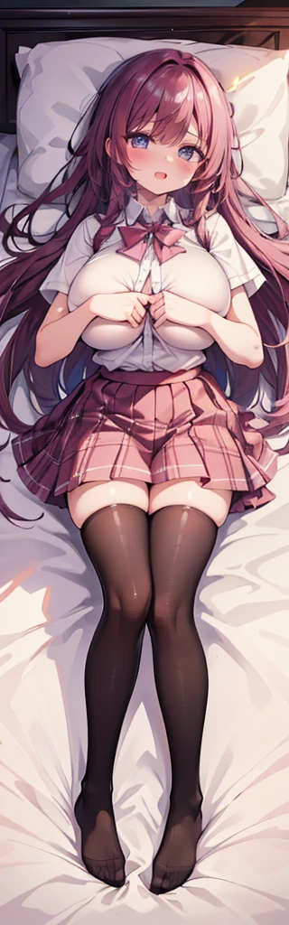 (masterpiece, top quality, best quality, official art, beautiful and aesthetic:1.2), extreme detailed, colorful, highest detailed ((ultra-detailed)), (high quality photo, 16k photo quality:1.4), ((an extremely delicate and beautiful)),(ultimate shiny skin, detailed skin, ultimate detailed face), beautiful detailed eyes,Beautiful Anime Girl,(Solo Girl),(Super huge boobs:1.4),(super huge breasts:1.4),(Sensual,Glamorous:1.4),(pink,very Long Hair,wave),(Big light purple eyes),Collared shirt,short sleeve shirt,Pleated skirt,lying on the bed,on back,school tight,pink pillow , pleated skirt, zettai ryouiki,high resolution,heart shaped pupils, plaid skirt, black stocking,claw pose,lie on bed,liying , full body , toe,full body seen,full-face blush,sexual climax,With tears in her eyes and her mouth open,open mouth,
Waiting to start