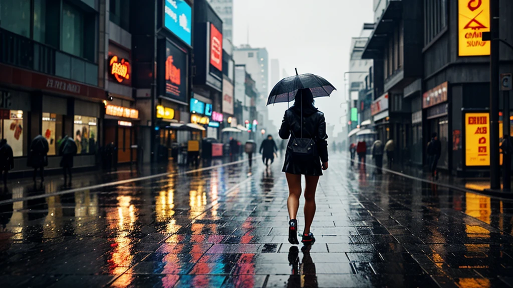 a person walking in the rain with an umbrella, rainy cyberpunk city,