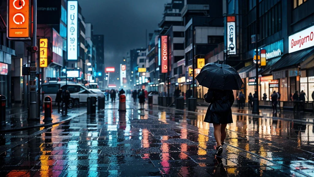 a person walking in the rain with an umbrella, rainy cyberpunk city,
