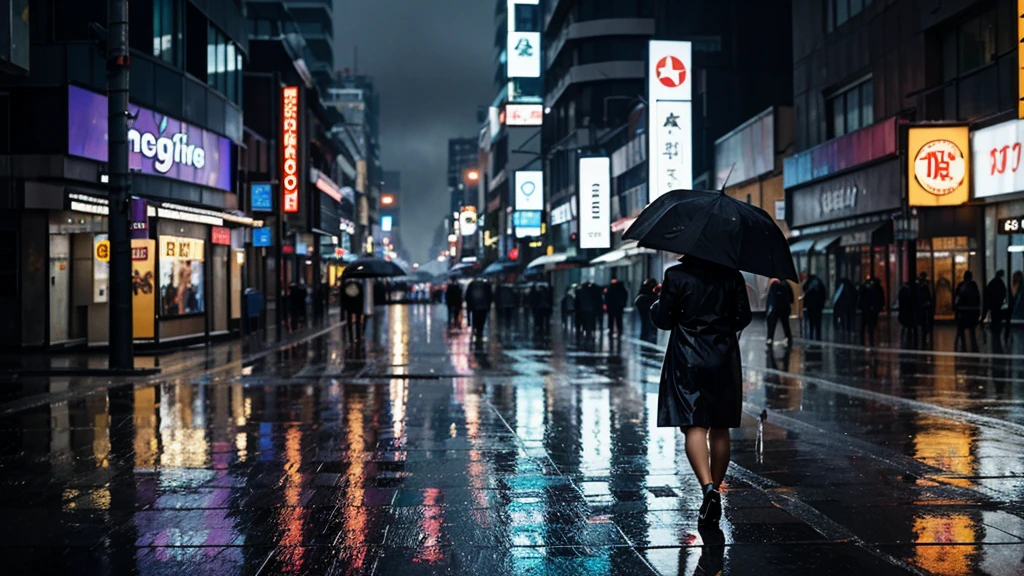 a person walking in the rain with an umbrella, rainy cyberpunk city,