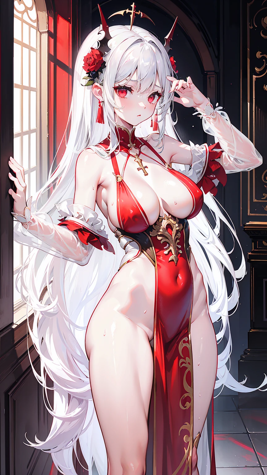 Long white hair,Red eyes,Sexy Sheer Colonial Dress, Perfect body, Clear chest, Well-defined collarbone, Surreal, lifelike, detailed, Perky transparent nipples, Wet clothes(whole body:1.1),cross,Holy,best quality,Large Breasts,Big Ass,No underwear。Gorgeous church background with extreme details