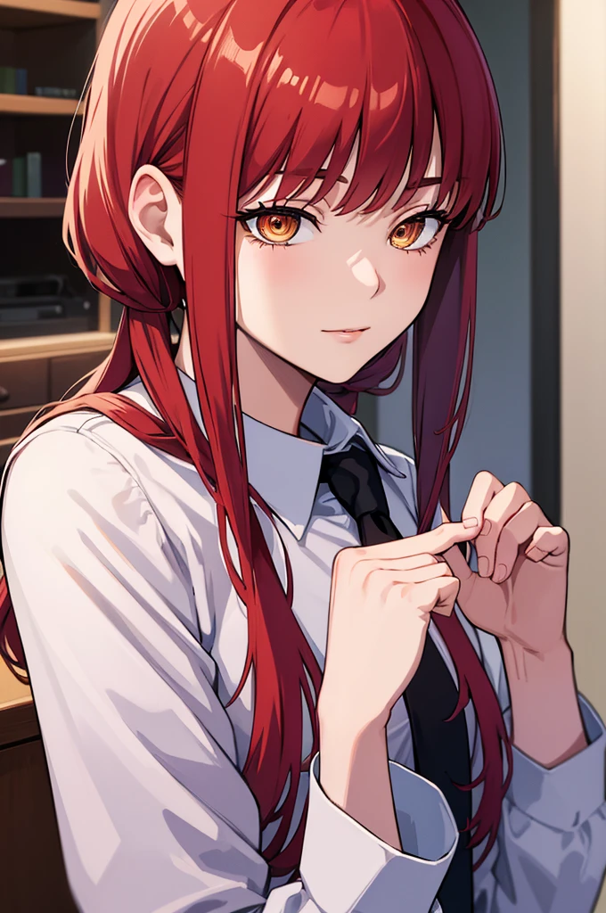 masterpiece, best quality, crossed fingers, (extremely detailed CG unity 8k wallpaper, masterpiece, best quality, ultra-detailed, best shadow), (detailed background), (beautiful detailed face, beautiful detailed eyes), High contrast,1girl, close up of a woman, anime girl with red hair and a white shirt and tie, pixiv, female anime character, detailed portrait of anime girl, anime character, realistic anime artstyle, anime girl portrait, crossed fingers, upper body, office suite, anime girl portrait