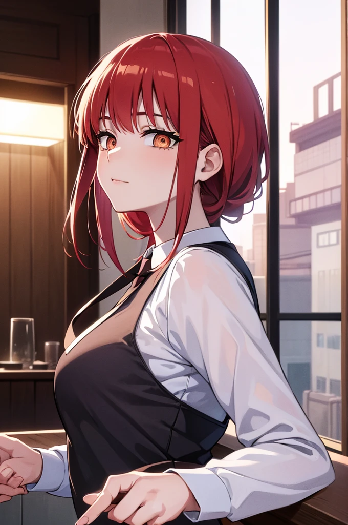 masterpiece, best quality, crossed fingers, (extremely detailed CG unity 8k wallpaper, masterpiece, best quality, ultra-detailed, best shadow), (detailed background), (beautiful detailed face, beautiful detailed eyes), High contrast,1girl, close up of a woman, anime girl with red hair and a white shirt and tie, pixiv, female anime character, detailed portrait of anime girl, anime character, realistic anime artstyle, anime girl portrait, crossed fingers, upper body, office suite, anime girl portrait
