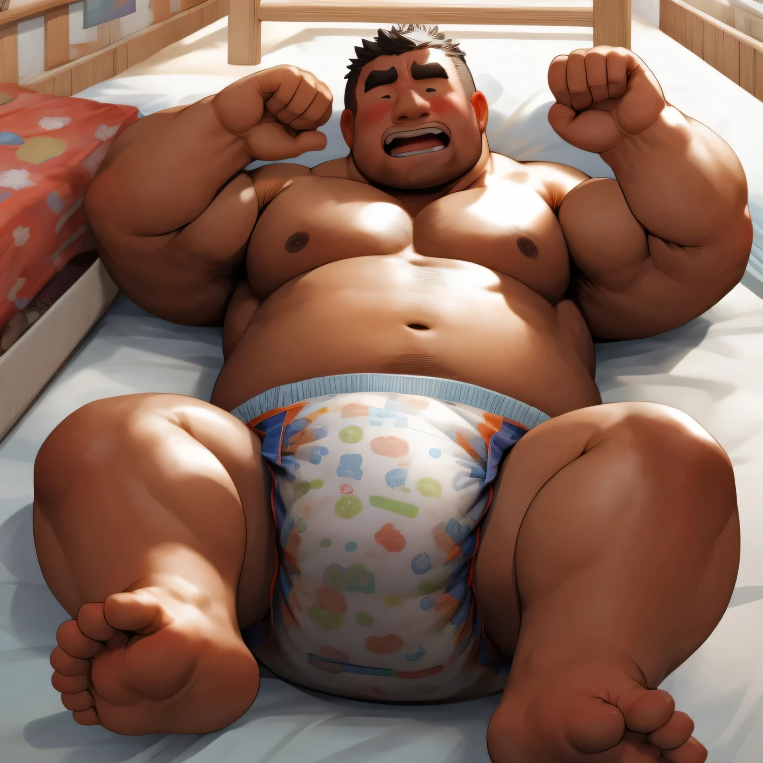 masterpiece, Top quality, in 32K, perfect anatomy, hyper detailed, photo realistic, super fine illustration, The thick man is a brutal prisoner, asian, retarded, human, 50yo in japan, Fatty muscle, (fatness:1.2), Bowleg, disappointment, incontinent, shy, sobbing, weak, sissy, Round face, be diaper check by children, There is a small puddle under him, Naked, short legs, Bowleg, spread and lifting legs, wear a White cloth Diaper, White Diaper without pattern, Pampers, Bare belly, Bare legs, Bare foots, Bare soles, Shirtless, wide forehead and short thinning hair, round face with stubble, Bare foots, Bare soles, He enters nursery school and is despised by children, He is taken care of by the children at the nursery school, He surrounded by children in playpen, Bare foots, big butt, White Diaper, sobbing, There is a small puddle under him, sobbing, He is lying in baby crib in nursery, top view, open diaper, Diaper change