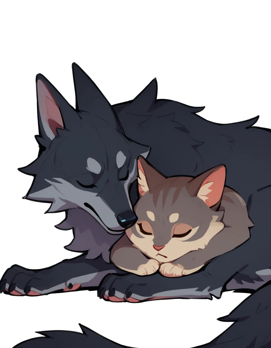 The Q version of the giant feral wolf sleeping and protecting a furry cat, white background 