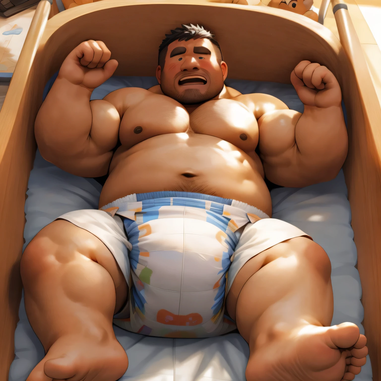 masterpiece, Top quality, in 32K, perfect anatomy, hyper detailed, photo realistic, super fine illustration, The thick man is a brutal prisoner, asian, retarded, human, 50yo in japan, Fatty muscle, (fatness:1.2), Bowleg, disappointment, incontinent, shy, sobbing, weak, sissy, Round face, be diaper check by children, There is a small puddle under him, Naked, short legs, Bowleg, spread and lifting legs, wear a White cloth Diaper, White Diaper without pattern, Pampers, Bare belly, Bare legs, Bare foots, Bare soles, Shirtless, wide forehead and short thinning hair, round face with stubble, Bare foots, Bare soles, He enters nursery school and is despised by children, He is taken care of by the children at the nursery school, He surrounded by children in playpen, Bare foots, big butt, White Diaper, sobbing, There is a small puddle under him, sobbing, He is lying in baby crib in nursery, top view, open diaper, Diaper change