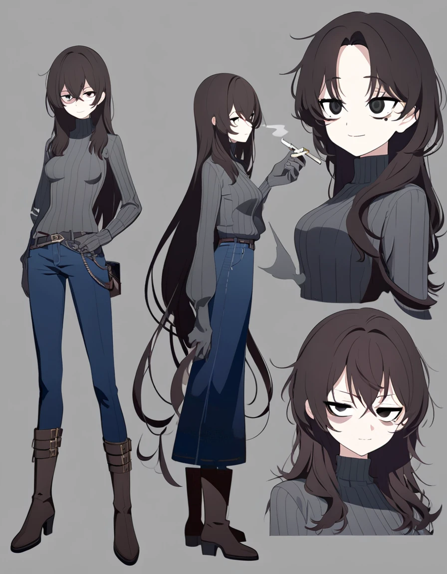 One Woman,Downer,older sister,Concept Art,Dark brown hair,Straight hair with slight inward curls,Staring eyes,Eye Ridge,black eye,Crossed bangs,whole body,smile,Slightly larger breasts,Gray background,Bangs that reach down to the eyes,Messy hair,Tight dark jeans,Gray turtleneck sweater,Multiple views of the same character,Character Design,Dark circles under the eyes,Bad look,Listless,Sloppy,Silver Jewelry,Cafe staff,Holding a cigarette,whole bodyCharacter Design,Detailed hands,Height: 170cm,boots,fleshy,