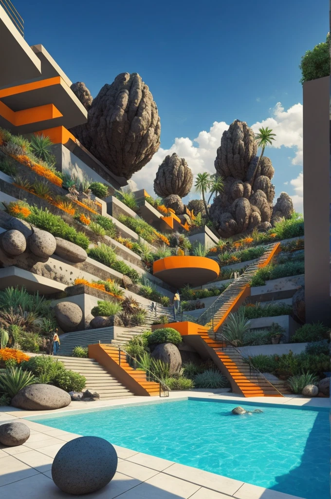 An illustration in collage style, with giant boulders, brutalist building sections, terraces, stairs, cacti, agave, concrete texture, multiple geometric shapes, hatch and cross hatching, planet saturn, volcano, moon, Luis Barragán's architectural style build, milky way galaxy, violet, one motorcycle, An illustration in collage style, with giant boulders, brutalist building sections, stairs, cacti, agave, concrete texture, multiple geometric shapes, hatch and cross hatching, planet saturn, volcano, moon, Luis Barragán's architectural style build, reflective pool, terraces. An elegant and modern build, in top of big boulders, with terraces, materials concrete, wood, steel and crystal, various gardens with tropical vegetation, cacti and rocks, stairs, a pool. In middle of sea, a big wave near, sunset, mountains and a volcano in the horizont, cute islands around, illustration format, cute color palette, detailed, masterpiece, award-winning work, clouds, Illustration, a garden with abundant cacti, ((various organic sculptures)), ((big rocks)), (((multiple sections))), collage style, detailed, (((color palette (olive green), (Mustard orange), cool grey, ((blue)), black and white))), (((a lot Luis barragán's architecture style builds))) big clouds, volcano in horizon, stairs, in the desert. ((masterpiece, best quality)),illustration,ultra detailed 8k, ((Ori Toor visual style)),soviet, megabuildings, megastructures, buildings, organic steel sculpture