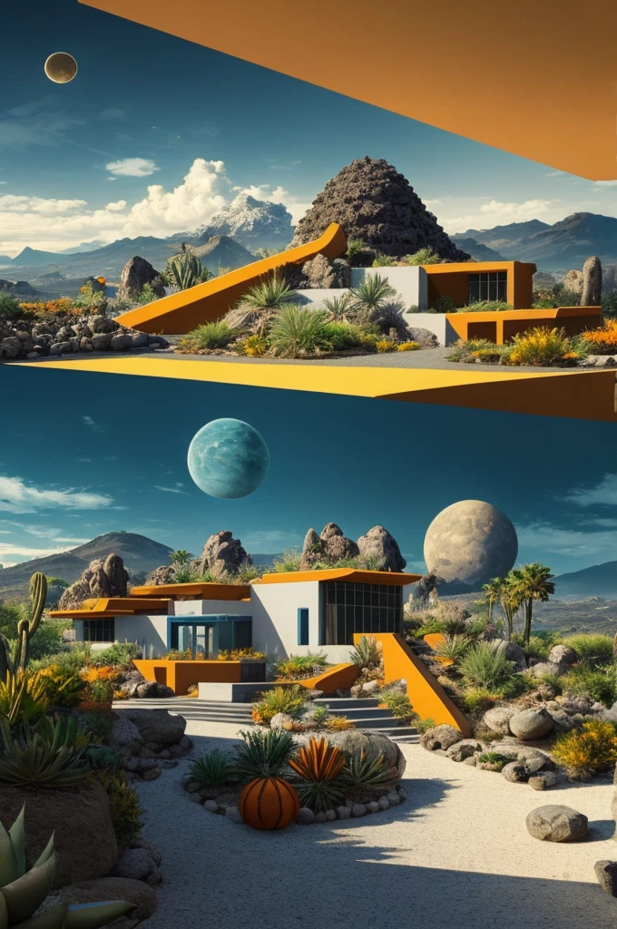 An illustration in collage style, with giant boulders, brutalist building sections, terraces, stairs, cacti, agave, concrete texture, multiple geometric shapes, hatch and cross hatching, planet saturn, volcano, moon, Luis Barragán's architectural style build, milky way galaxy, violet, one motorcycle, An illustration in collage style, with giant boulders, brutalist building sections, stairs, cacti, agave, concrete texture, multiple geometric shapes, hatch and cross hatching, planet saturn, volcano, moon, Luis Barragán's architectural style build, reflective pool, terraces. An elegant and modern build, in top of big boulders, with terraces, materials concrete, wood, steel and crystal, various gardens with tropical vegetation, cacti and rocks, stairs, a pool. In middle of sea, a big wave near, sunset, mountains and a volcano in the horizont, cute islands around, illustration format, cute color palette, detailed, masterpiece, award-winning work, clouds, Illustration, a garden with abundant cacti, ((various organic sculptures)), ((big rocks)), (((multiple sections))), collage style, detailed, (((color palette (olive green), (Mustard orange), cool grey, ((blue)), black and white))), (((a lot Luis barragán's architecture style builds))) big clouds, volcano in horizon, stairs, in the desert. ((masterpiece, best quality)),illustration,ultra detailed 8k, ((Ori Toor visual style)),soviet, megabuildings, megastructures, buildings, organic steel sculpture
