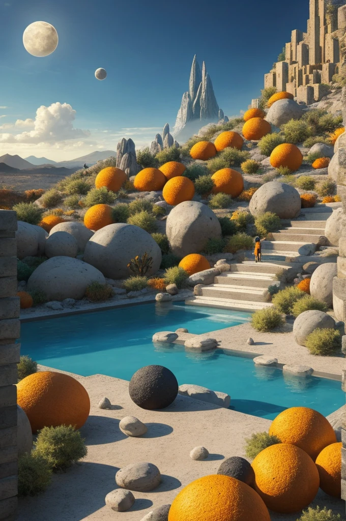 An illustration in collage style, with giant boulders, brutalist building sections, terraces, stairs, cacti, agave, concrete texture, multiple geometric shapes, hatch and cross hatching, planet saturn, volcano, moon, Luis Barragán's architectural style build, milky way galaxy, violet, one motorcycle, An illustration in collage style, with giant boulders, brutalist building sections, stairs, cacti, agave, concrete texture, multiple geometric shapes, hatch and cross hatching, planet saturn, volcano, moon, Luis Barragán's architectural style build, reflective pool, terraces. An elegant and modern build, in top of big boulders, with terraces, materials concrete, wood, steel and crystal, various gardens with tropical vegetation, cacti and rocks, stairs, a pool. In middle of sea, a big wave near, sunset, mountains and a volcano in the horizont, cute islands around, illustration format, cute color palette, detailed, masterpiece, award-winning work, clouds, Illustration, a garden with abundant cacti, ((various organic sculptures)), ((big rocks)), (((multiple sections))), collage style, detailed, (((color palette (olive green), (Mustard orange), cool grey, ((blue)), black and white))), (((a lot Luis barragán's architecture style builds))) big clouds, volcano in horizon, stairs, in the desert. ((masterpiece, best quality)),illustration,ultra detailed 8k, ((Ori Toor visual style)),soviet, megabuildings, megastructures, buildings, organic steel sculpture