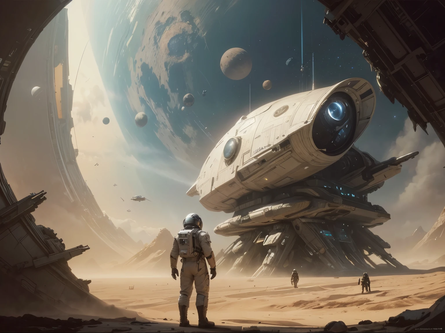 spaceship in the background with a man in a space suit standing in front of it, award winning scifi art, inspired by Craig Mullins, sci - fi illustrations, sci-fi illustrations, science fiction concept art, award-winning sci-fi, by Craig Mullins, sci fi artwork, sci-fi artwork, sci - fi artwork, science fiction art, beautiful sci fi art