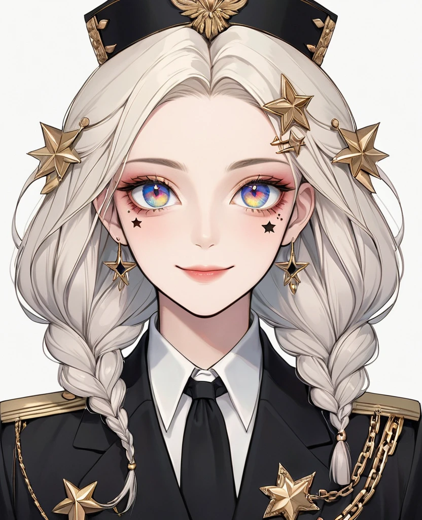 (Digital Illustration,Detailed anime style girl portrait,Solitary,symmetry),(Big colorful eyes,Fashionable and exquisite facial features,Exquisite makeup,Sweet smile,Star symbol mark on cheek,Soulful gaze,),(Fluffy braids,Beautiful hairstyle,Hairpin),(Black suit,Epaulettes-Chain,cool,),Clean and simple white background,(((Correct human anatomy)))