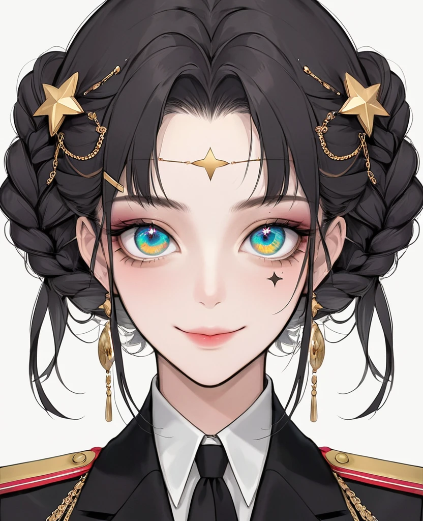 (Digital Illustration,Detailed anime style girl portrait,Solitary,symmetry),(Big colorful eyes,Fashionable and exquisite facial features,Exquisite makeup,Sweet smile,Star symbol mark on cheek,Soulful gaze,),(Fluffy braids,Beautiful hairstyle,Hairpin),(Black suit,Epaulettes-Chain,cool,),Clean and simple white background,(((Correct human anatomy)))