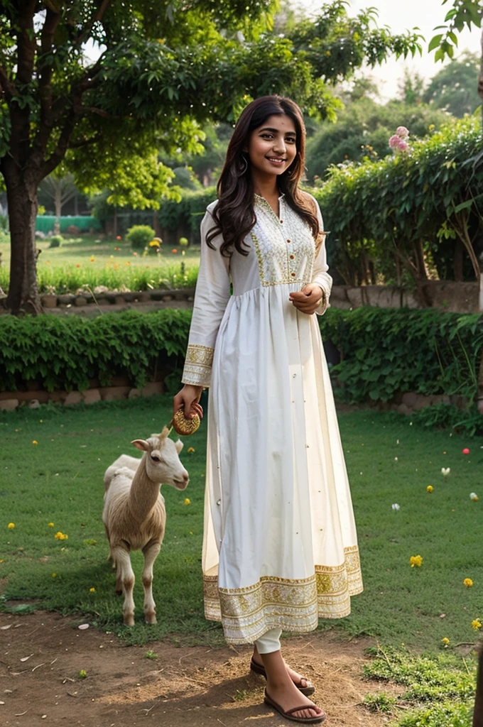 Imagine A beautiful Pakistani girl wearing traditional Eid attire, standing in her lush home garden with colorful flowers, smiling while feeding goats and sheep during Eid Ul Adha celebrations."