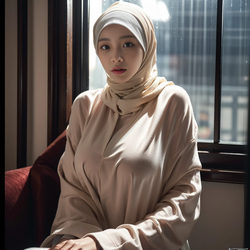 ((Realistic lighting, best qualtiy, 8K, tmasterpiece:1.3)), sharp fokus:1.2,Korean, window in the rain, wearing a hijab ,large breasts , jisoo