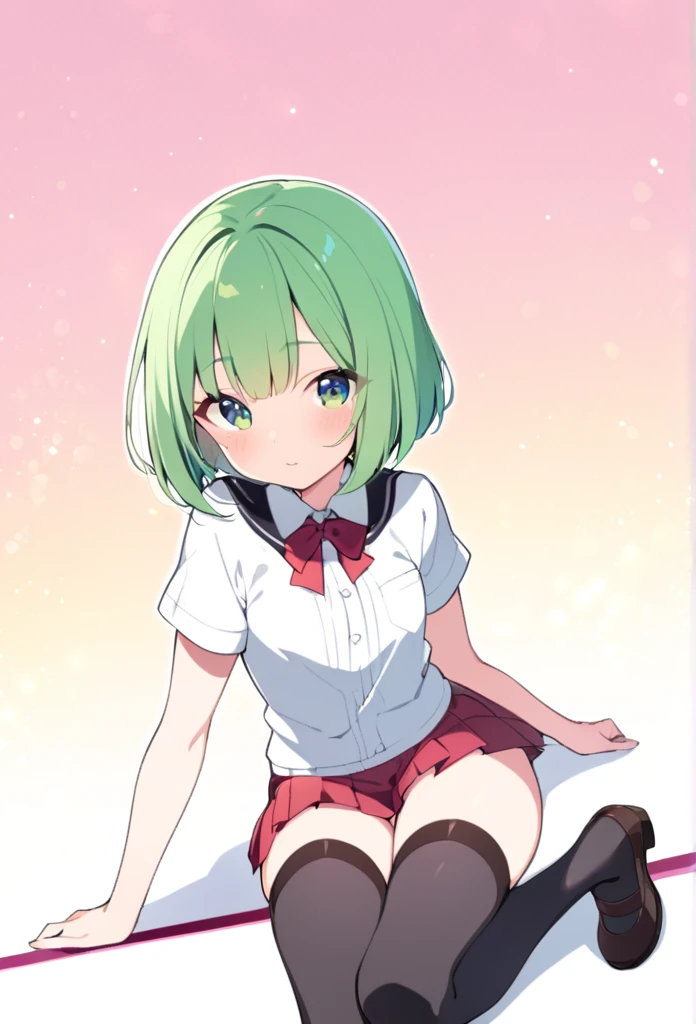 1 girl, cute, young, green hair, bob haircut, green eyes, , mini skirt, thigh high,