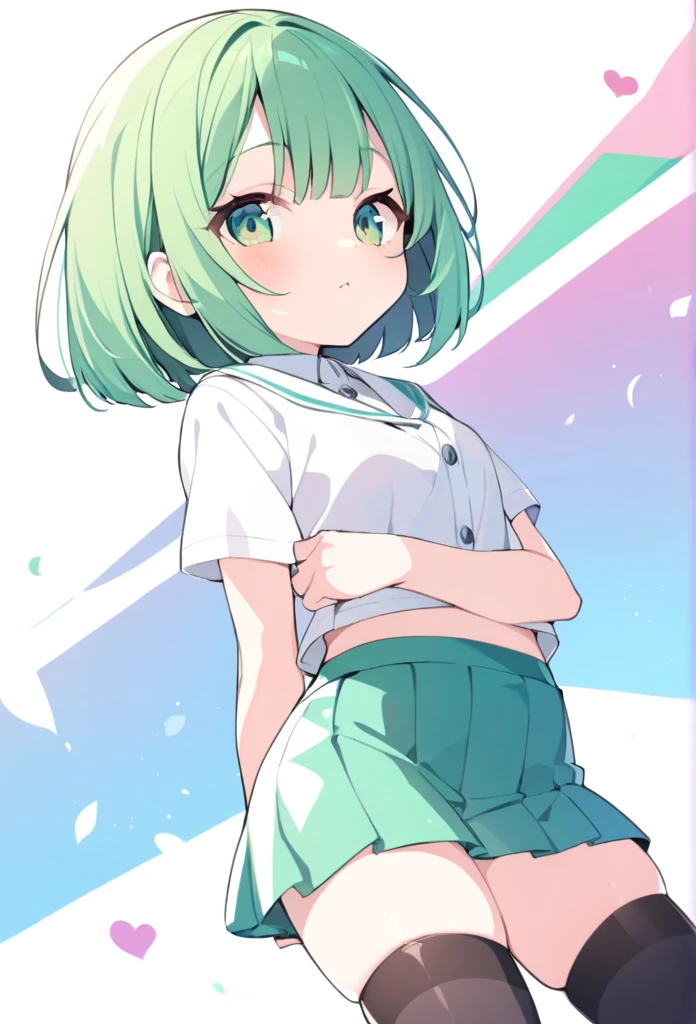 1 girl, cute, young, green hair, bob haircut, green eyes, , mini skirt, thigh high,