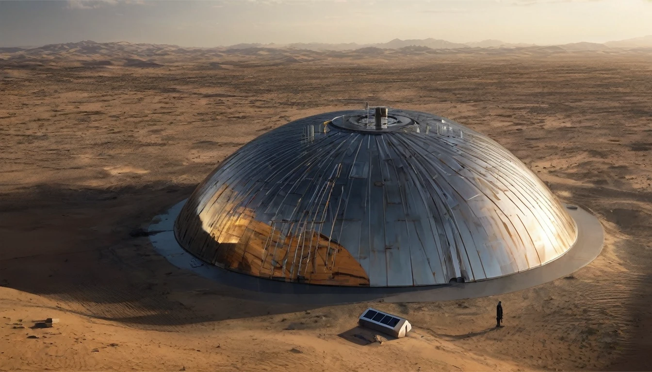 In a vast desert landscape beneath a clear sky, a futuristic dome-shaped structure stands. The surface of the dome is metallic, adorned with grooves and solar panels. Attached to the dome is a cylindrical tower, featuring external staircases and small windows. In the foreground, a mysterious figure cloaked in dark fabric stands near the edge of a shallow pit. The hood conceals their face, adding an air of intrigue. Scattered around the scene are various pieces of machinery and technology, showing signs of wear and corrosion. Some of these devices have blinking lights or exposed wires,hyper realistic composition,32k resolution,cinematic composition.