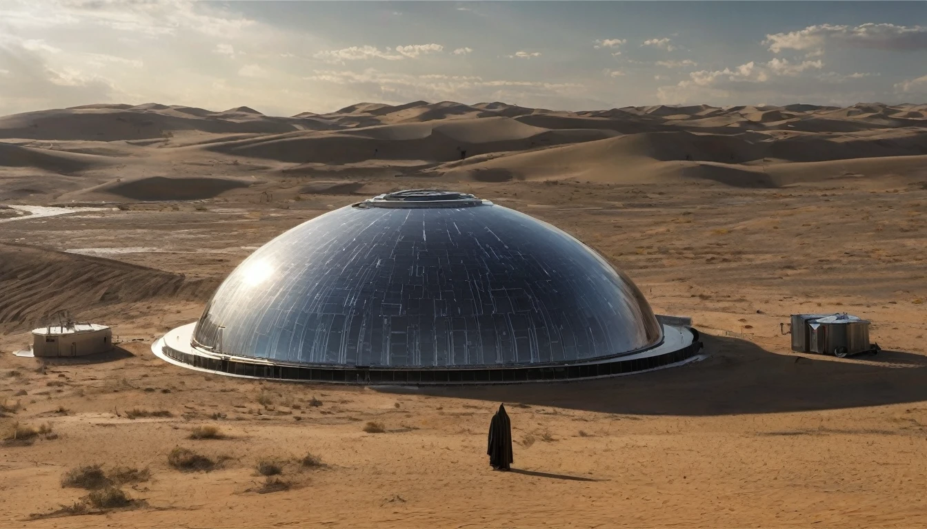 In a vast desert landscape beneath a clear sky, a futuristic dome-shaped structure stands. The surface of the dome is metallic, adorned with grooves and solar panels. Attached to the dome is a cylindrical tower, featuring external staircases and small windows. In the foreground, a mysterious figure cloaked in dark fabric stands near the edge of a shallow pit. The hood conceals their face, adding an air of intrigue. Scattered around the scene are various pieces of machinery and technology, showing signs of wear and corrosion. Some of these devices have blinking lights or exposed wires,hyper realistic composition,32k resolution,cinematic composition.