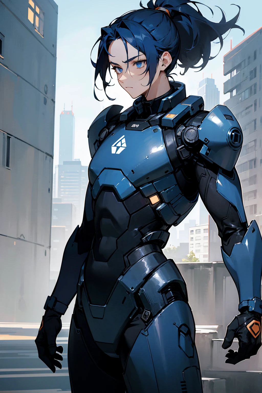 1male, dark blue hair, short ponytail, scruffed hair, deep blue eyes, expressionless, black and white combat suit, city background, detailed background, hands to side, standing on path