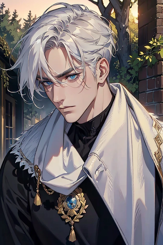 ((masterpiece:1.2, Best quality)), 4k, adult, European face, 1 person, male, mature, masculine, Beautiful, very tall, Muscles, broad shoulders, dark casual wear, White skin, medium white hair, Blue eyes, portrait, sunset, old house with apple trees.