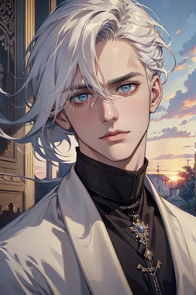 ((masterpiece:1.2, Best quality)), 4k, adult, European face, 1 person, male, mature, masculine, Beautiful, very tall, Muscles, broad shoulders, dark casual wear, White skin, medium white hair, Blue eyes, portrait, sunset, old house with apple trees. 
