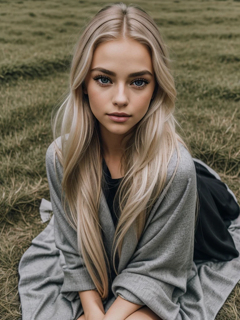 Blonde girl, looking like Margott robbie alike, long blonde hair, Big lips, small cute nose, Big eyes, fake eyelashes In Black, she is sitting on The blanket on the ground, kneeling on blanket on the ground, she is in a beautiful field,.m cloudy weather, beautiful girl, gray eyes, light gray eyes, further frame, long legs, 