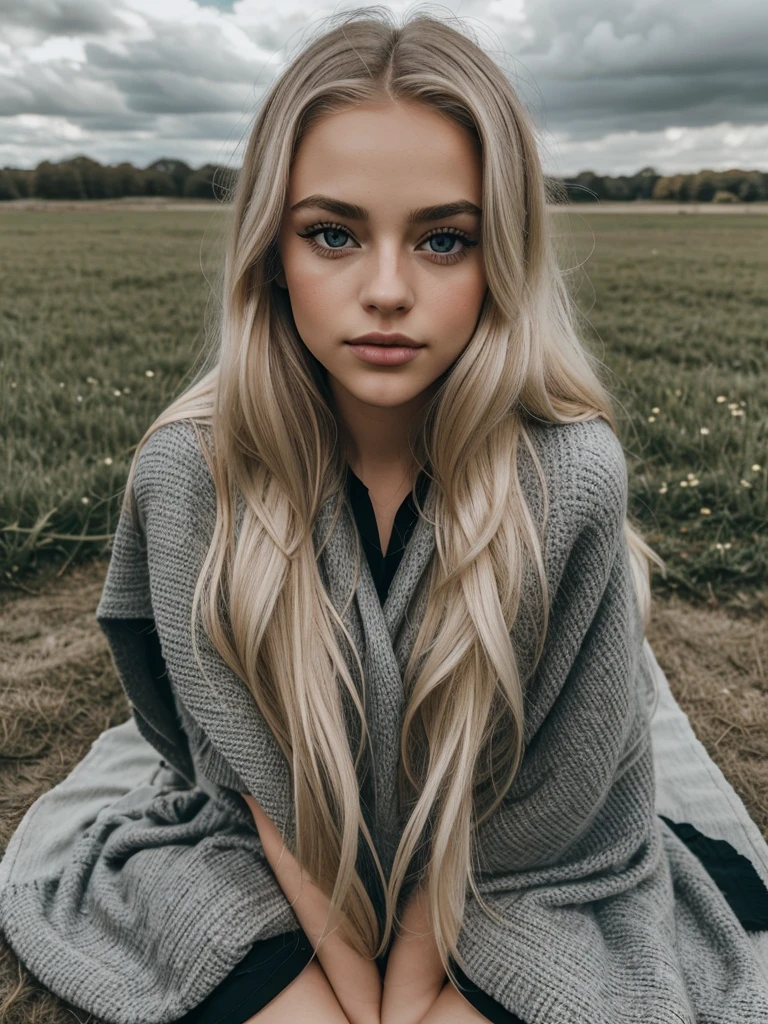 Blonde girl, looking like Margott robbie alike, long blonde hair, Big lips, small cute nose, Big eyes, fake eyelashes In Black, she is sitting on The blanket on the ground, kneeling on blanket on the ground, she is in a beautiful field,.m cloudy weather, beautiful girl, gray eyes, light gray eyes, further frame, long legs, 