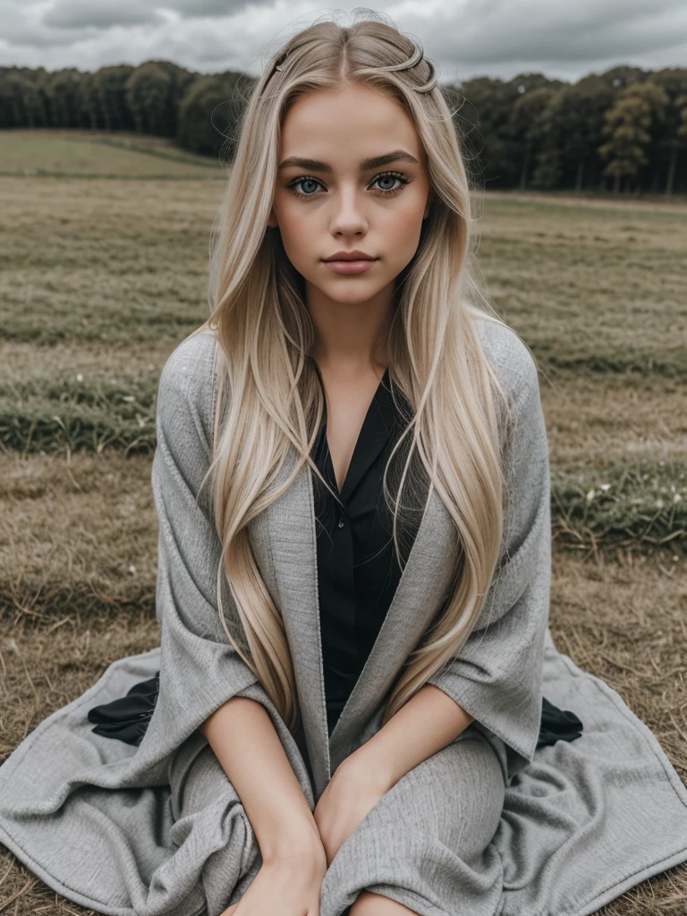 Blonde girl, looking like Margott robbie alike, long blonde hair, Big lips, small cute nose, Big eyes, fake eyelashes In Black, she is sitting on The blanket on the ground, kneeling on blanket on the ground, she is in a beautiful field,.m cloudy weather, beautiful girl, gray eyes, light gray eyes, further frame, long legs, 